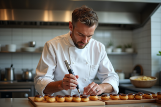 Chef pâtissier en action décorant des éclairs