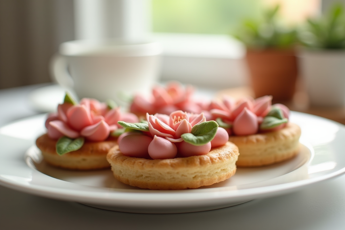 Gros plan sur des pâtisseries décorées de fleurs en marzipan