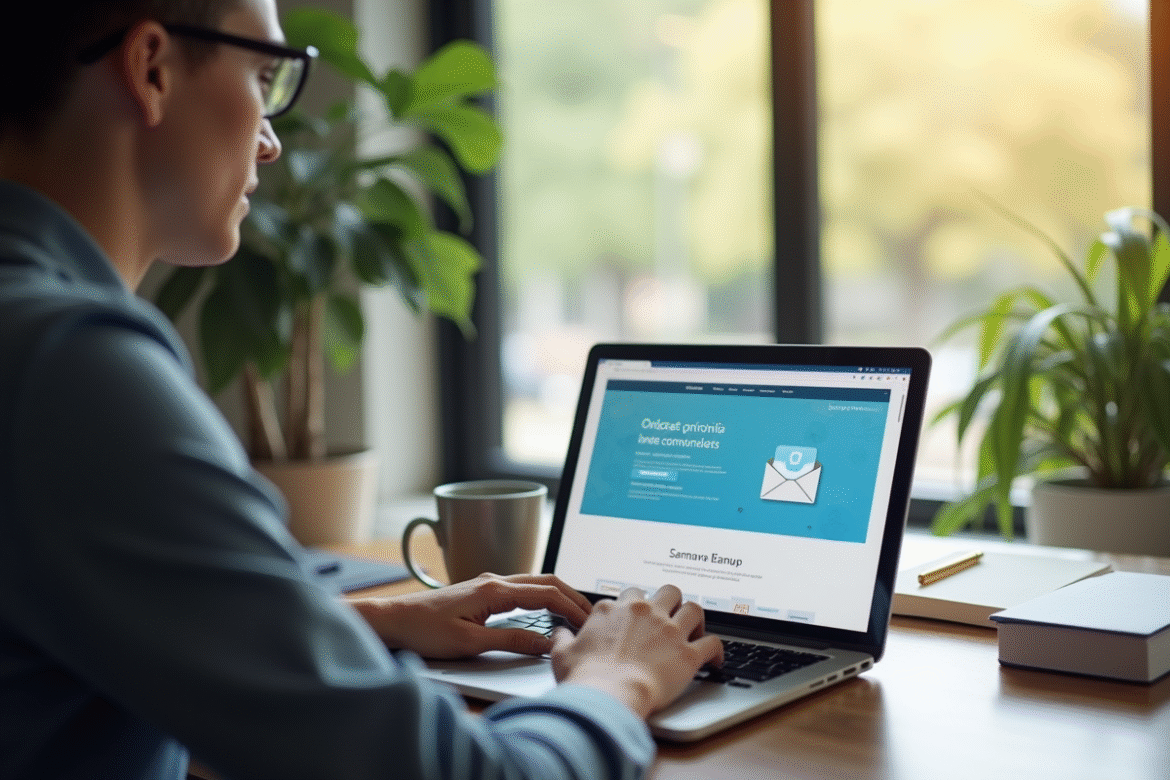 Personne au bureau vérifiant ses emails sur un ordinateur portable