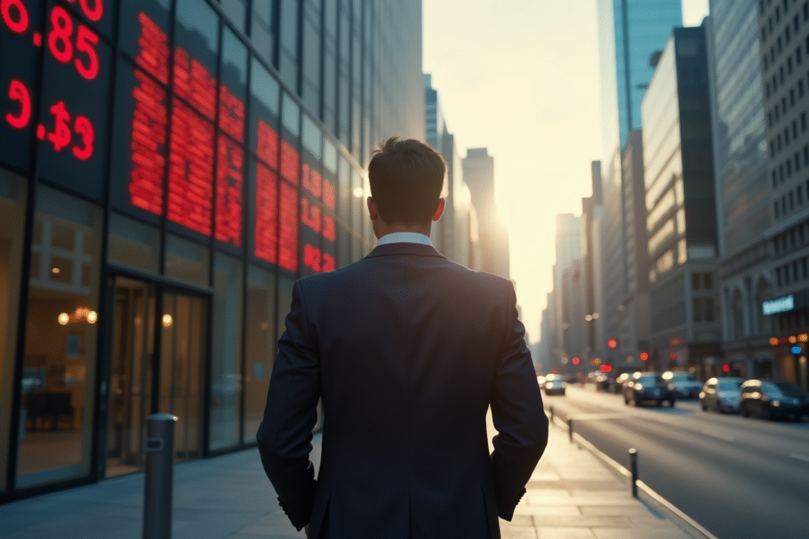 Homme d affaires inquiet devant une grande banque moderne