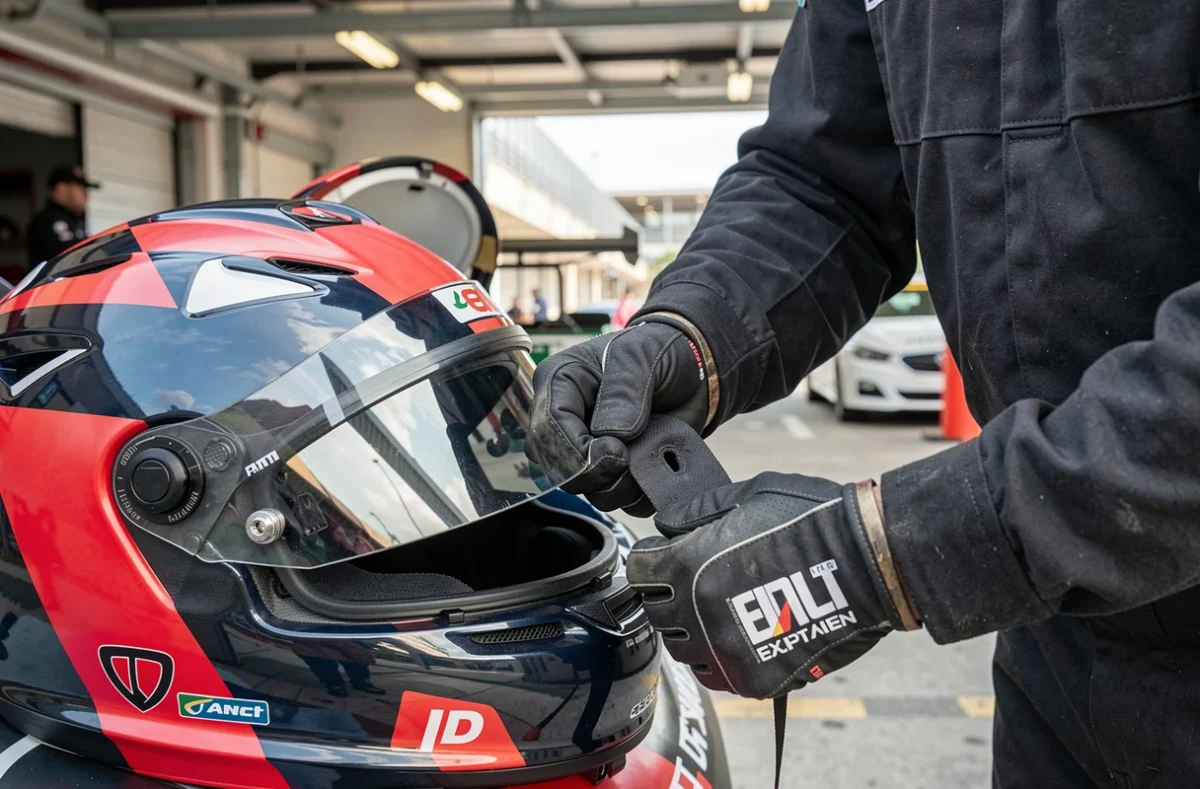 Pilote qui ajuste son casque dans les stands avant un stage