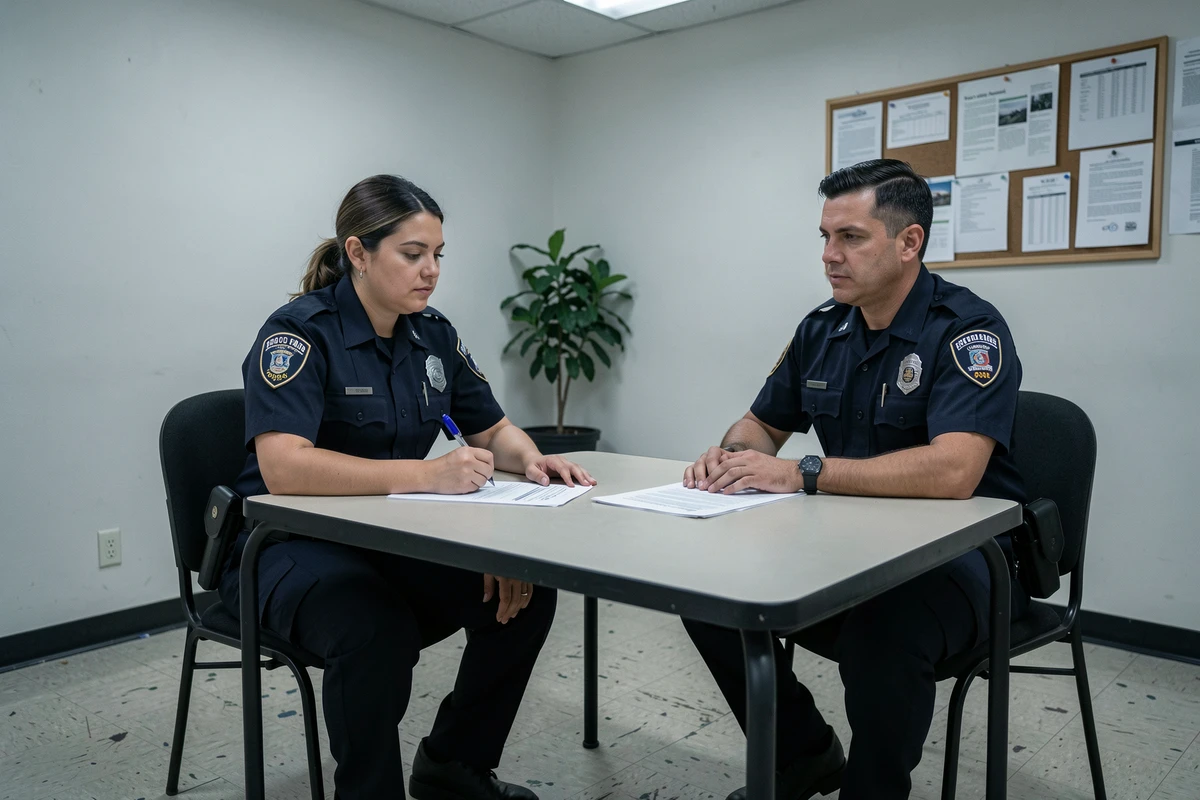 Deux agents de police en entretien dans un bureau pour une déclaration liée à une violation de mesure d'éloignement