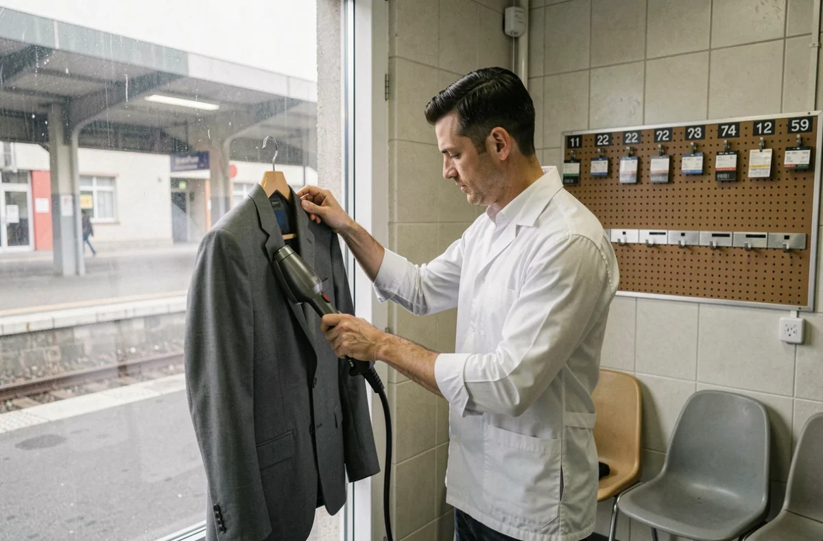Employé du Pressing de la Gare à Chelles défroissant un costume gris avec un fer à vapeur manuel