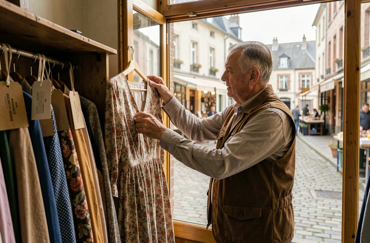 Propriétaire du Pressing du Marché à Meaux examinant une robe fleurie près de la vitrine donnant sur la place