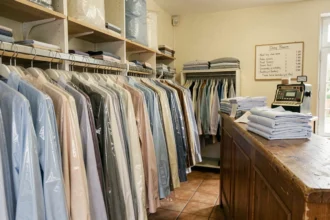 Intérieur d'un pressing typique en Seine-et-Marne avec des vêtements suspendus sous housses plastique sur un rail motorisé