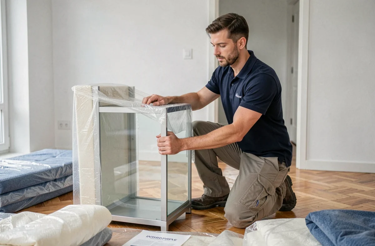 Déménageur Pro 25 emballant soigneusement un meuble en verre dans un appartement du Doubs