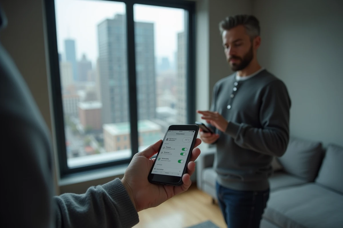 Homme gérant les paramètres de protection des données sur son smartphone dans un appartement urbain