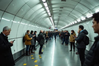 Quai de la ligne 14 du métro parisien avec des voyageurs attendant la rame automatique