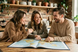 Groupe d'amis jouant à un quiz de géographie autour d'un atlas ouvert sur une table en bois