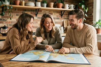 Groupe d'amis jouant à un quiz de géographie autour d'un atlas ouvert sur une table en bois