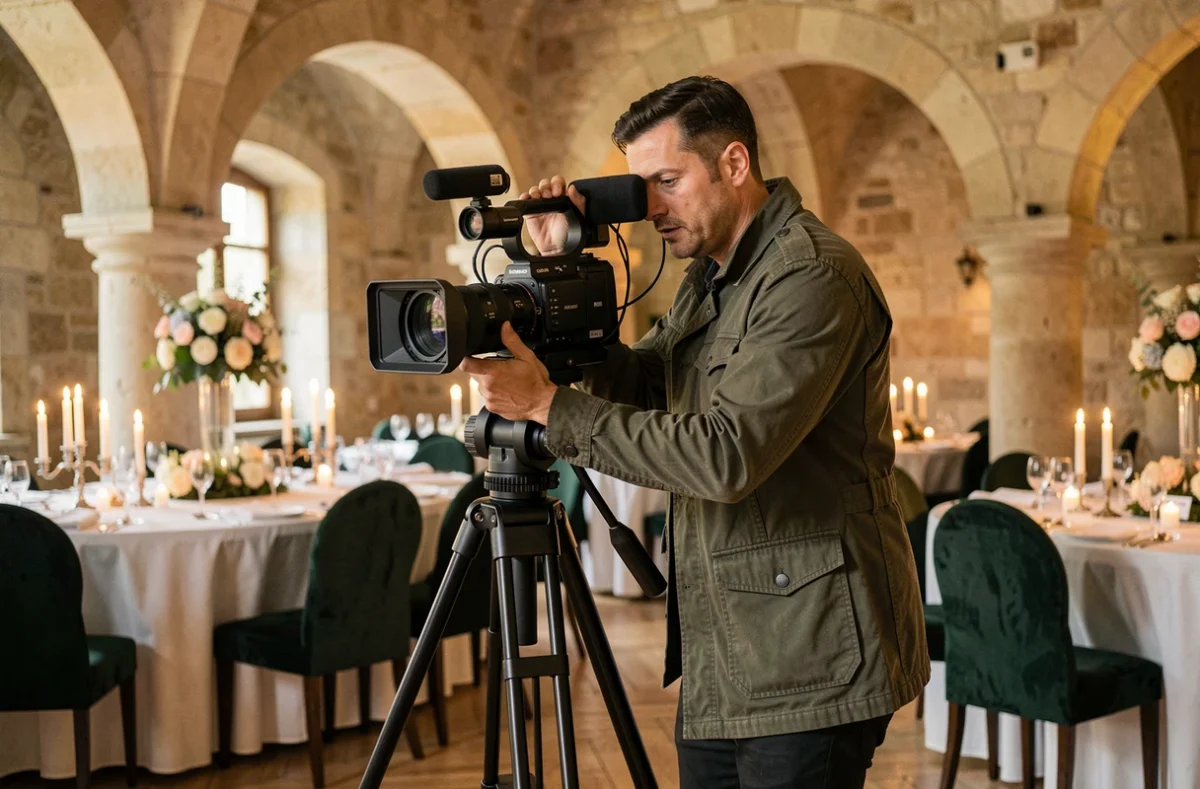 Vidéaste Redline Photo filmant une réception de mariage dans un château bourguignon avec caméra sur trépied