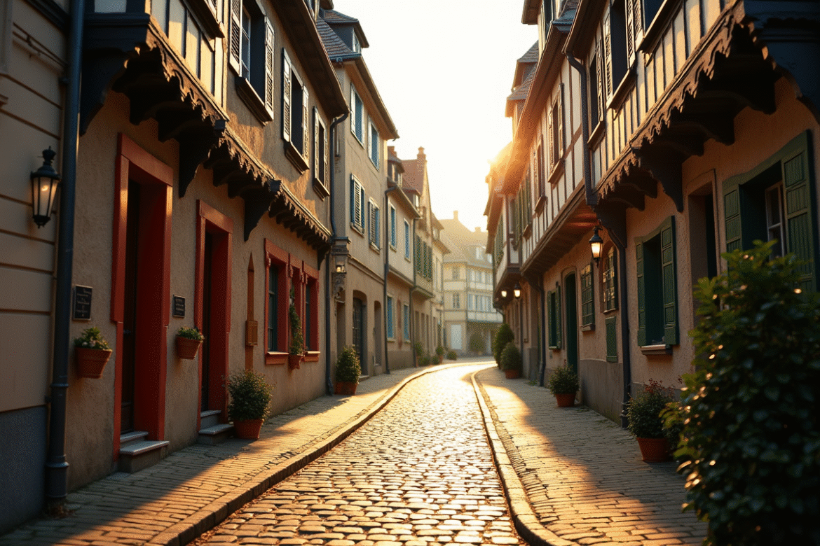 Rues médiévales de Dinan au matin avec maisons colorées