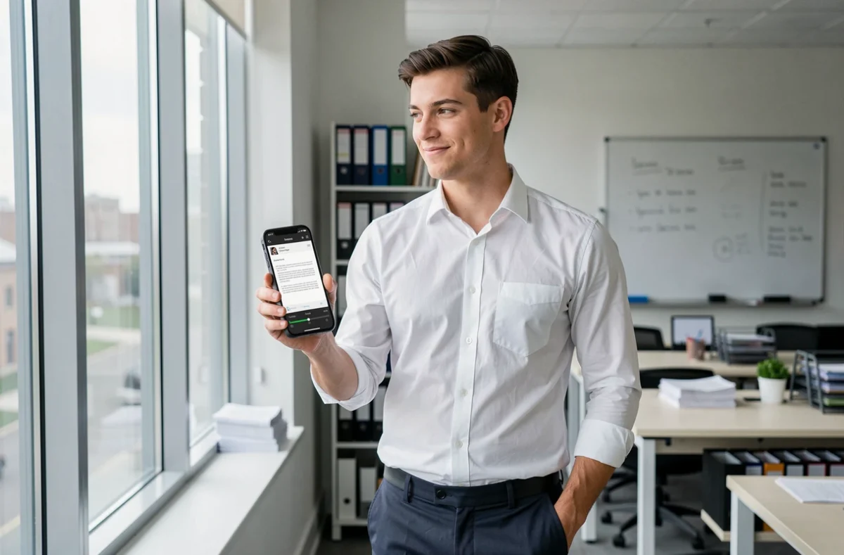Jeune homme scannant un document sur smartphone dans un bureau moderne avec une connexion internet instable