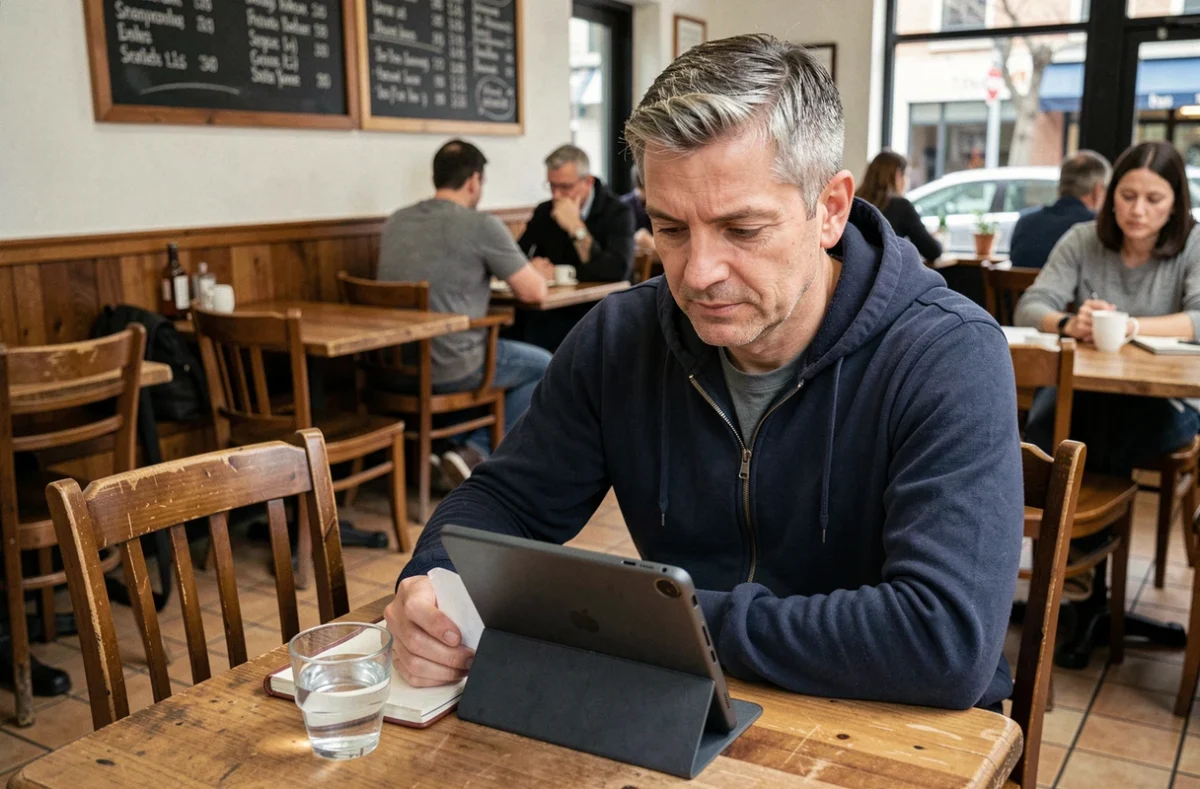 Homme utilisant une application de scan de documents sur tablette dans un café avec une connexion internet faible