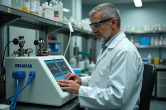 Scientifique opérant un appareil d'analyse de gaz BELMASS en laboratoire de recherche industrielle
