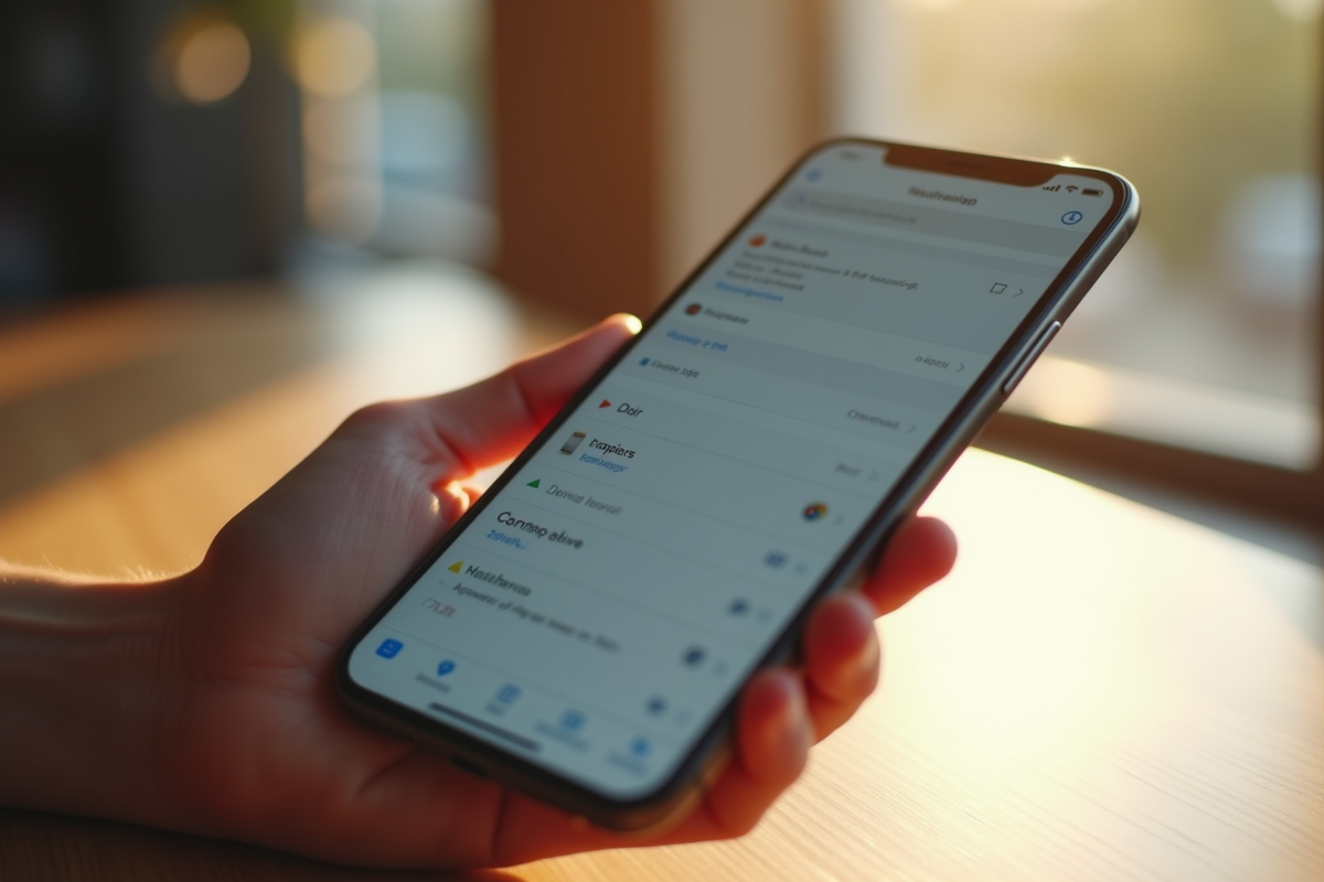 Gros plan sur un smartphone affichant une boîte mail avec reflet du soleil