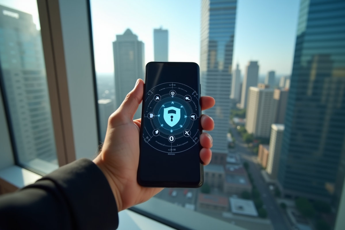 Smartphone avec interface VPN dans un environnement urbain lumineux