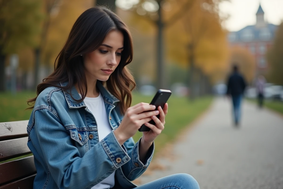 Femme consultant son smartphone dans un parc pour envoyer un message anonyme