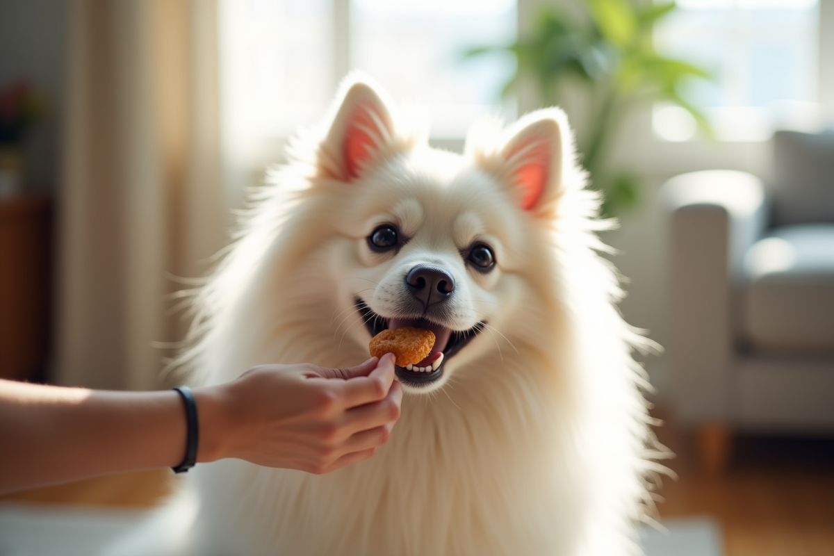 Spitz japonais recevant une friandise en intérieur