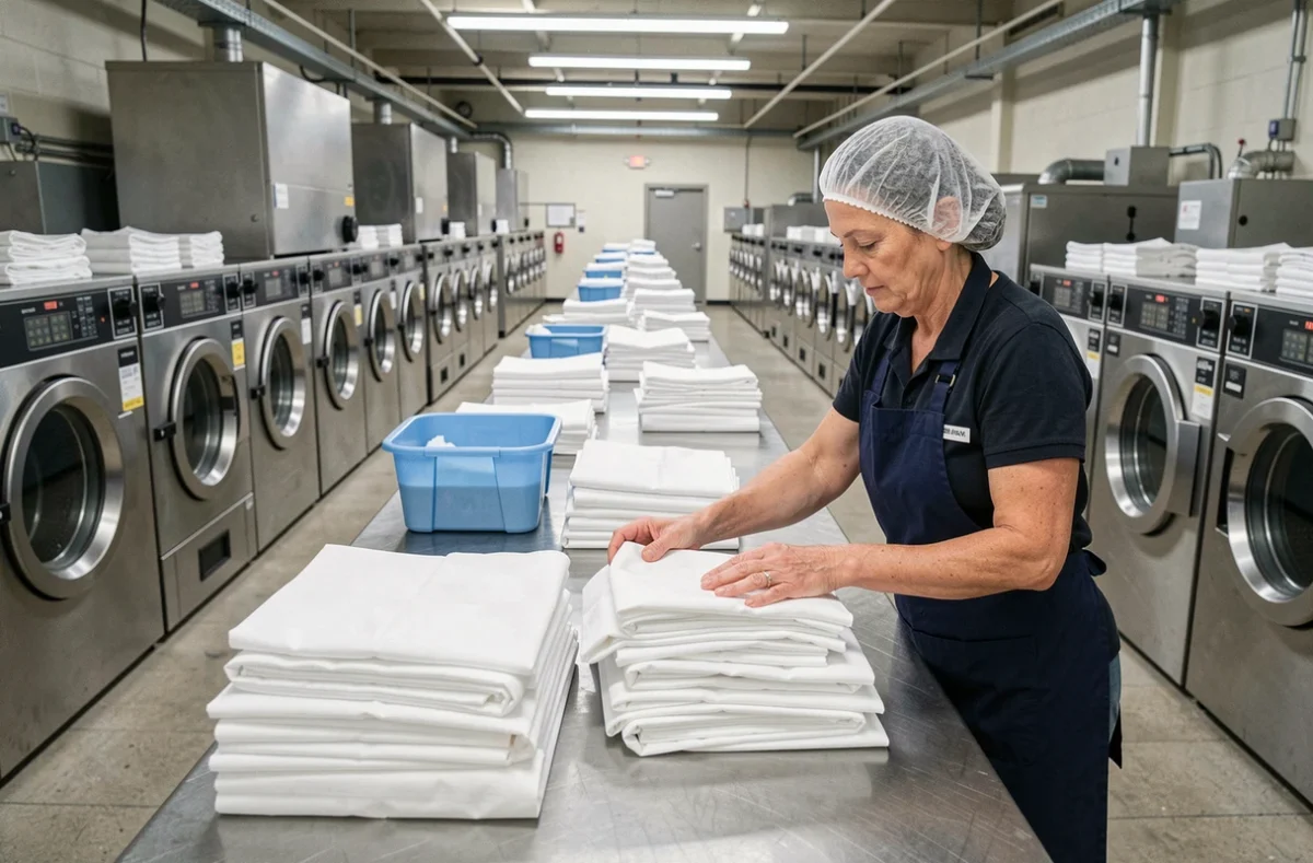 Ouvrière de STIC Blanchisserie à Nemours triant du linge blanc industriel sur une table en inox