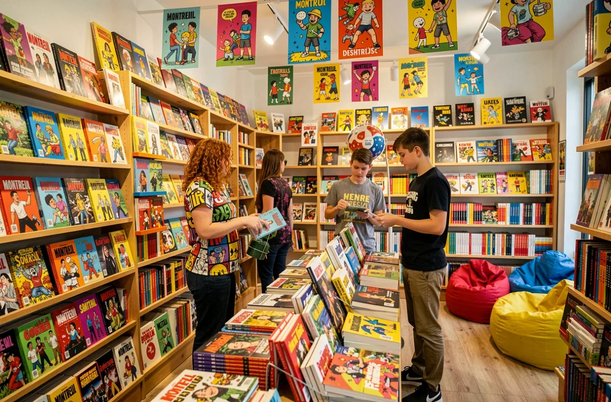 Intérieur de la librairie BD Storybulle à Montreuil avec des étagères colorées de bandes dessinées et mangas