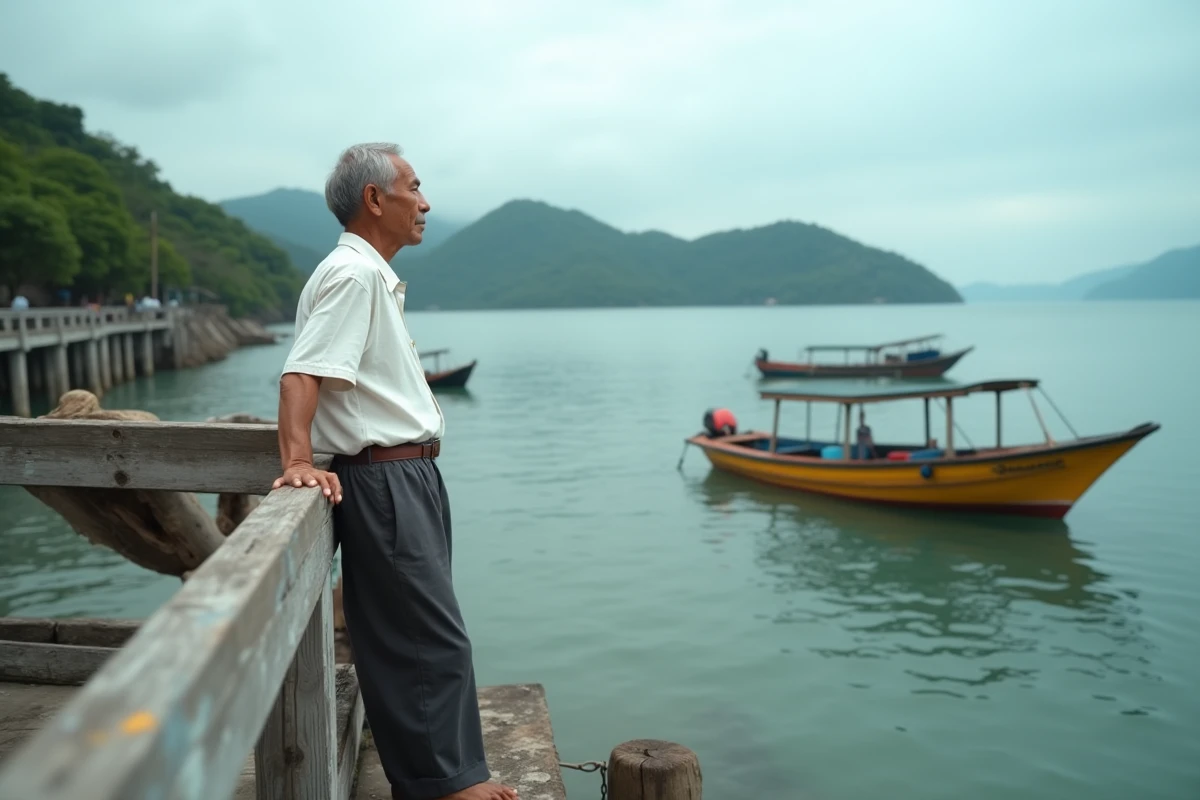 Homme survivant du tsunami debout sur un ponton de Phuket, contemplant la mer Andaman avec un regard empreint de mémoire