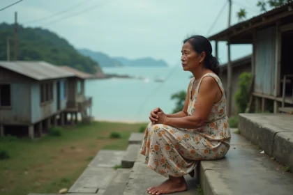 Femme survivante du tsunami de Phuket assise sur des marches en béton face à la mer, regard mélancolique et résilient