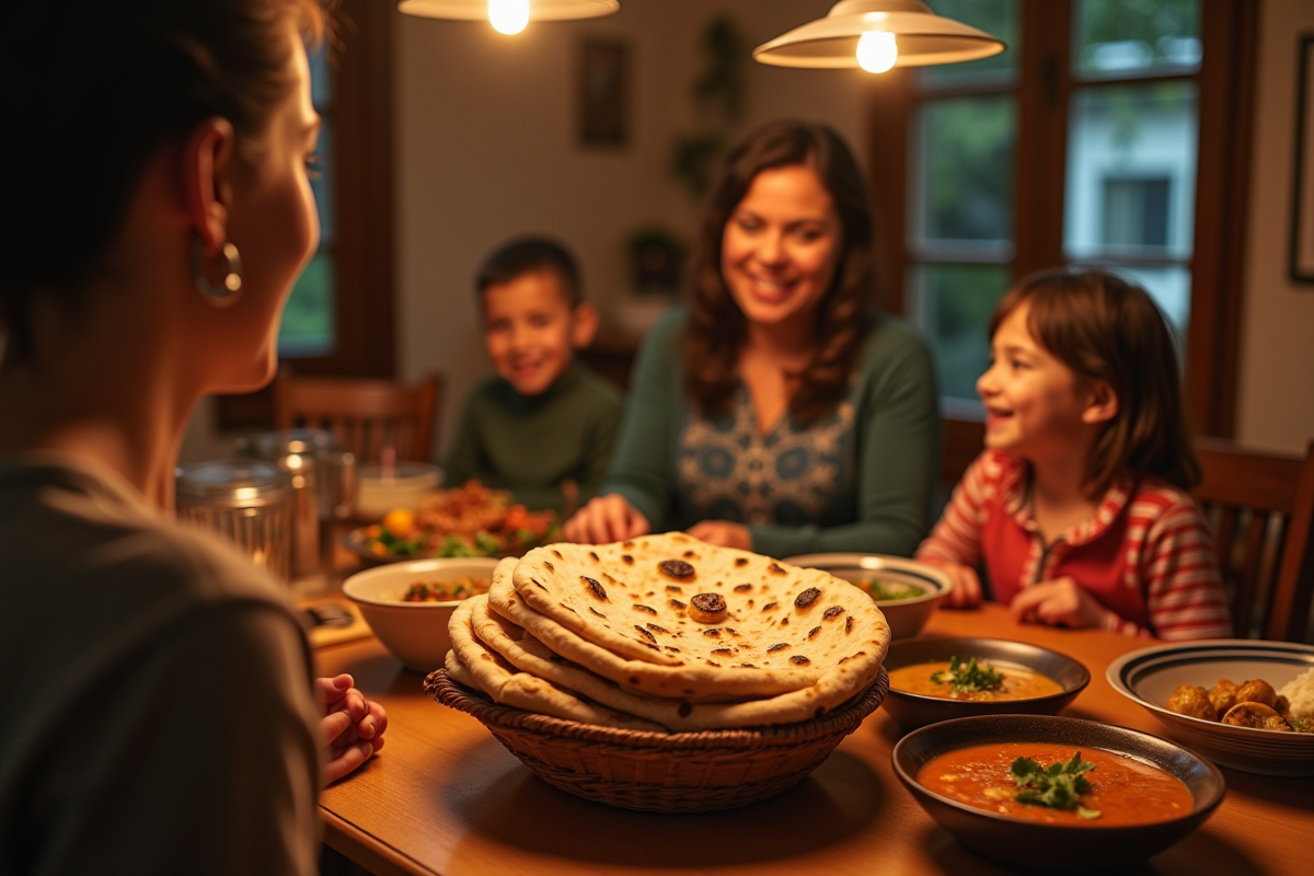 Table intérieure chaleureuse avec naan et curry en famille