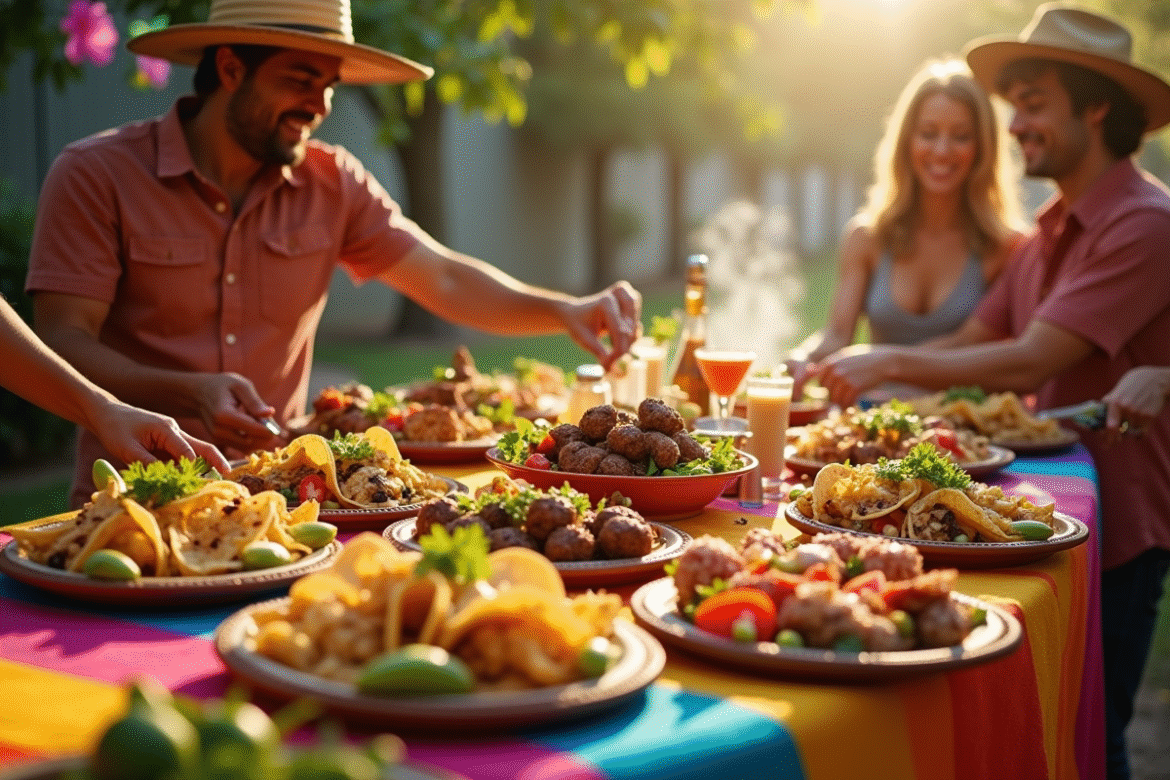 Table de fête mexicaine en plein air avec tacos colorés