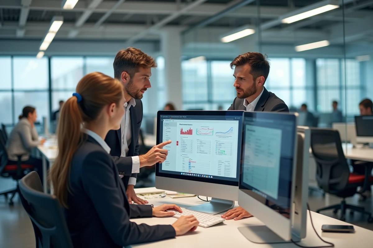Deux collègues analysant un tableau de bord de confidentialité des données sur un ordinateur de bureau en open space