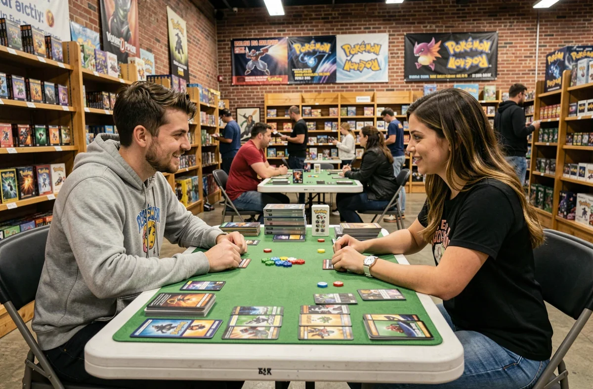 Deux joueurs adultes s'affrontent lors d'un tournoi de cartes Pokémon TCG dans un magasin spécialisé