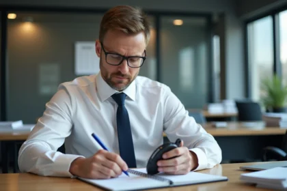 Homme français au bureau calculant avec un chronomètre