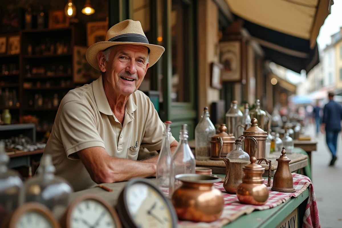 Vendeur souriant derrière son étalage d'objets vintage lors d'un vide-grenier en Lot-et-Garonne