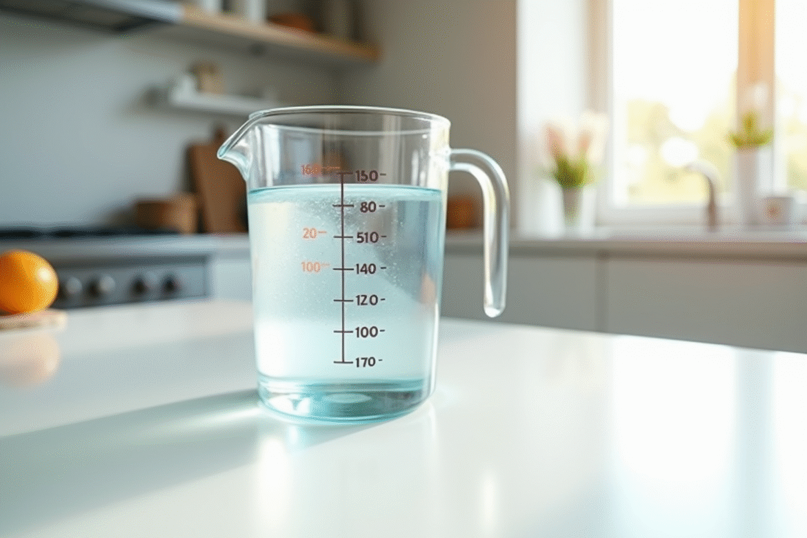 Verre mesureur avec 100 cl d'eau sur plan blanc lumineux