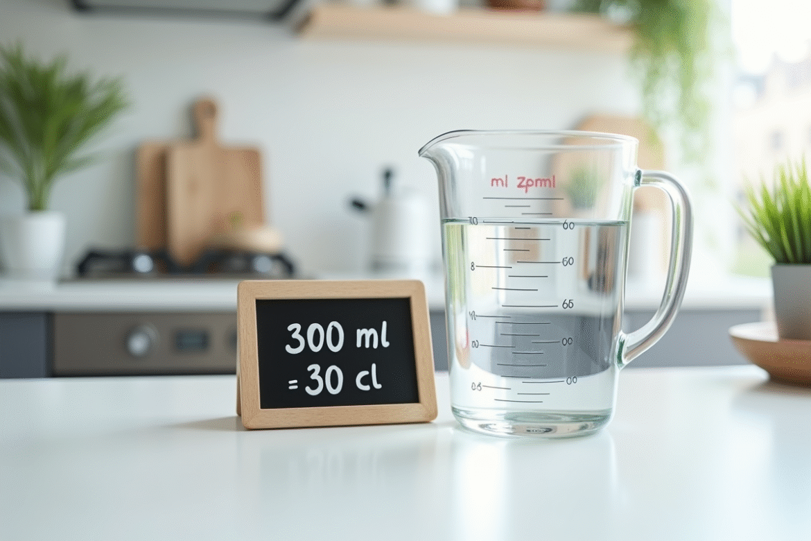 Verre mesure d'eau de 300 ml sur plan de travail blanc