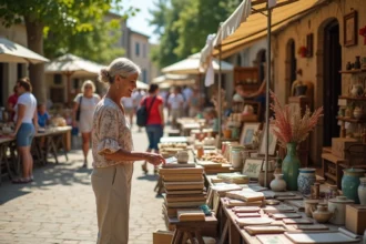Femme parcourant des objets anciens sur un vide-grenier en plein air dans un village du Lot-et-Garonne