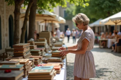 Femme en robe d'été parcourant un vide grenier vintage