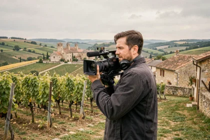 Vidéaste professionnel filmant dans les vignobles de Bourgogne-Franche-Comté avec un paysage de village médiéval en arrière-plan