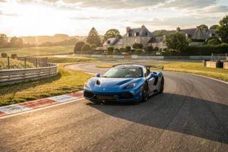 Voiture de sport en virage sur un circuit automobile breton