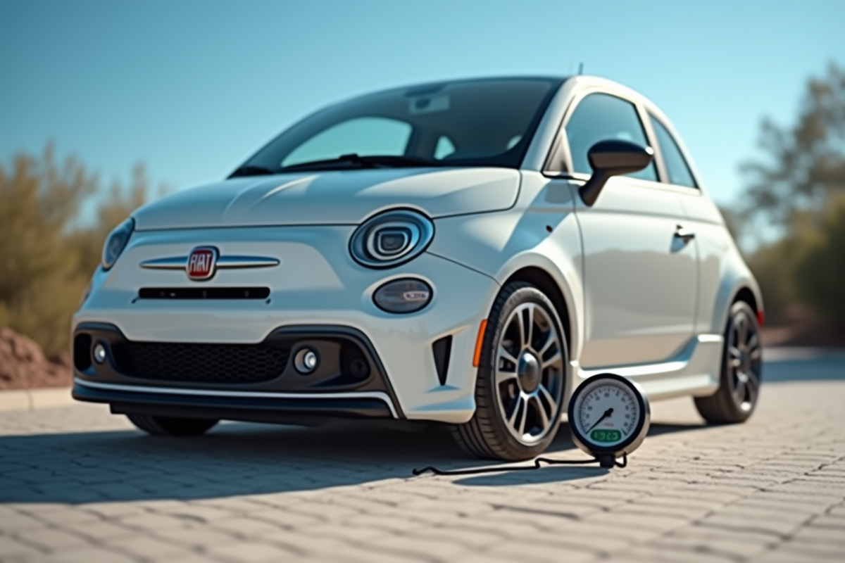 Fiat 500 stationnée avec un manomètre à côté des pneus