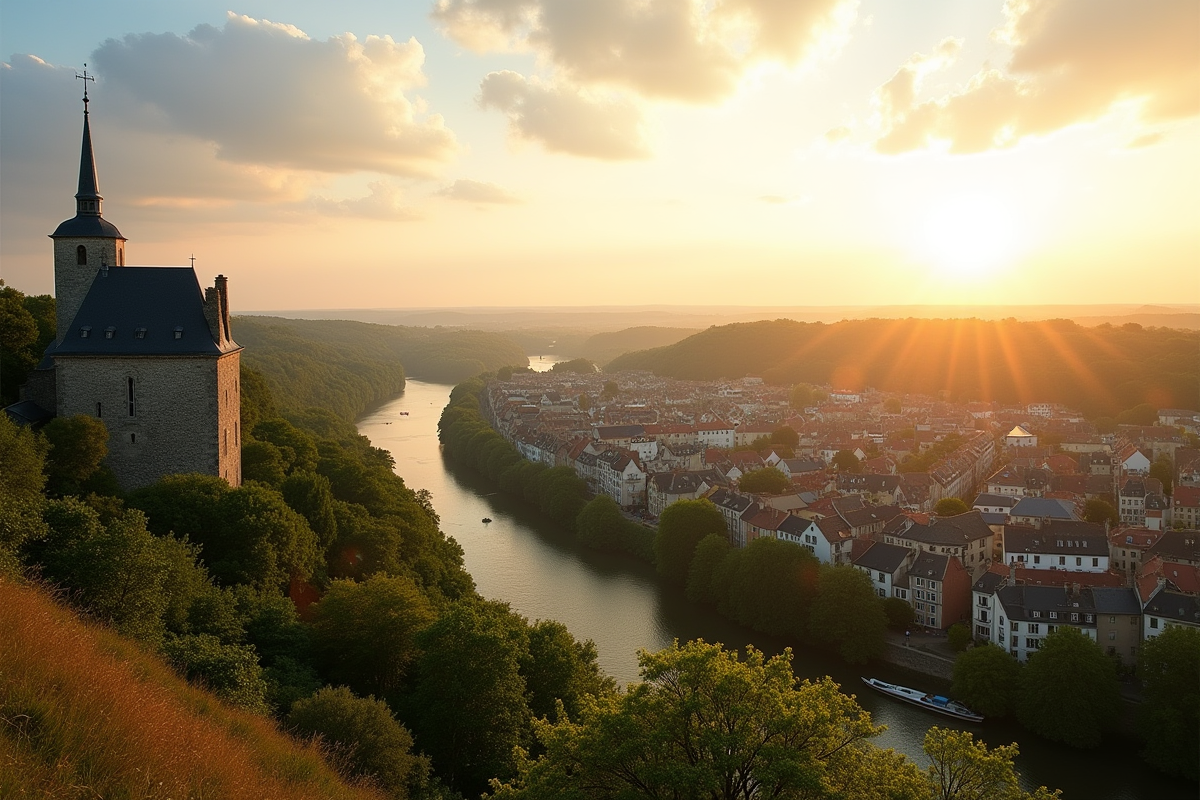 Vue panoramique de Dinan depuis une colline au coucher de soleil